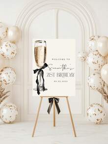 1pc Customizable Champagne-Style Birthday Welcome Sign, Customizable Name And Date, Elegant Black Bow Design, Suitable For 21st/30th/40th Birthday Party Decor, Home Decor, Party Decoration, Aesthetic Home, Yard Sign - Multicolor - View 1