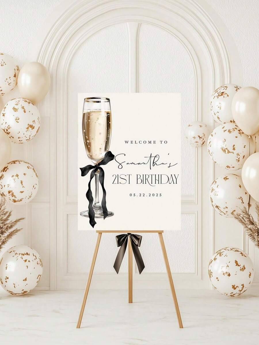 1pc Customizable Champagne-Style Birthday Welcome Sign, Customizable Name And Date, Elegant Black Bow Design, Suitable For 21st/30th/40th Birthday Party Decor, Home Decor, Party Decoration, Aesthetic Home, Yard Sign - Multicolor - View 1