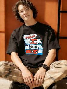 Men's MARVEL Spider-Man Comic Strip Design Graphic T-Shirt, 100% Cotton Summer Streetwear Tee, Great Gift Idea - Black - View 4