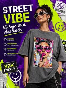 100% Pure Cotton Men's And Women's Universal Style Vintage Washed T-Shirt, Cartoon Girl Fun Red Lipstick Color, Urban Graffiti Portrait - 灰色 - 查看 5