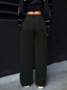 PETITE Jeans rectos de cintura alta lavados de estilo casual para mujer - Negro - Ver 2