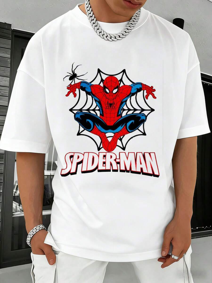MARVEL Spider-Man Web Graphic T-Shirt For Men, 100% Cotton Loose Fit Streetwear Tee, Great Gift - White - View 1