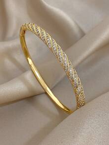 Elegant Gold Plated Twists Twill Pave Cubic Zirconia Bangle Bracelet & Open Ring, Jewelry Set For Women,Summer Boho,Mom Gift Daily Wear,Party/Gala - Multicolor - View 7