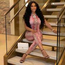 Snake Skin Print Round Neck Backless Elastic Bodycon Jumpsuit, Spring/Summer Pink - Pink - View 4