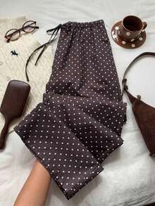 Pantalones de pierna ancha con cintura anudada y estampado de lunares para mujer - Café integral - Ver 4