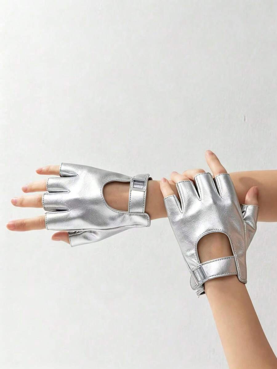 1 Pair Women's Adjustable Width Silver Metal Buckle Half Finger Motorcycle Leather Gloves - Silver - View 1