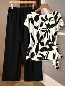 Clasi Conjunto de 2 piezas de blusa de manga corta con cuello redondo cómoda y holgada con lazo, y pantalones rectos, con estampado floral en color albaricoque y verde, de estilo vintage elegante y versátil, adecuado para otoño/invierno - Multicolor 5 - Ver 6