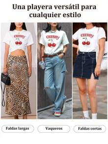 Women's White T-Shirt, Casual Short-Sleeved T-Shirt, Round Neck, Cherry Print, Casual Spring And Summer Wear,  Blouse, Casual Fit T-Shirt Style - 白色 - 查看 6