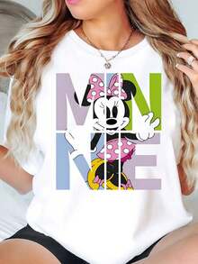 Minnie Mouse Character And Colorful Letter Print Disney Women T Shirt Round Neck Short Sleeve Casual Daily Wear Summer Outfit Soft Comfortable 220g - trắng - Xem 1
