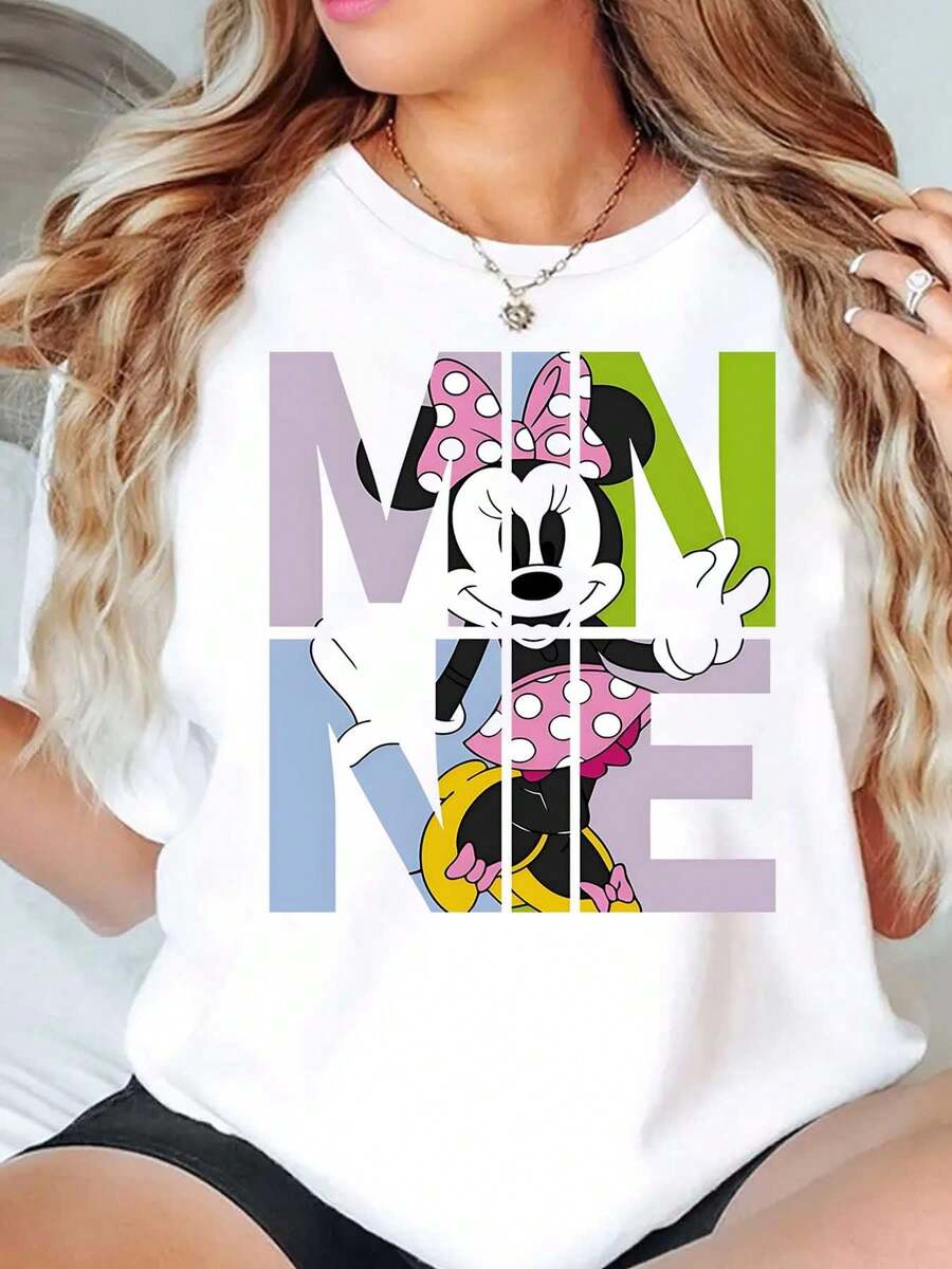 Minnie Mouse Character And Colorful Letter Print Disney Women T Shirt Round Neck Short Sleeve Casual Daily Wear Summer Outfit Soft Comfortable 220g - trắng - Xem 1