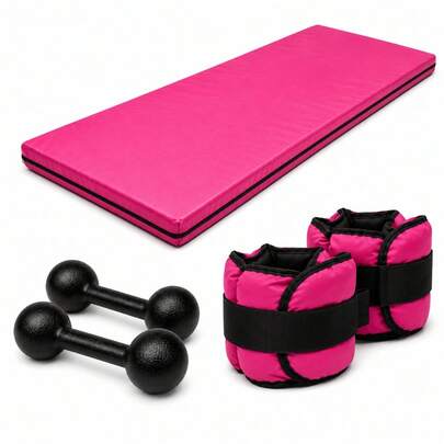KIT FITNESS COMPLETO COLCHONETE ROSA + PAR 2KG HALTER BOLA + PAR 2KG CANELEIRA ROSA | TREINO EM CASA OU ACADEMIA