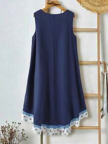 EMERY Vestido de verano casual de talla para mujer, de color verde militar sólido, sin mangas, con volantes en el bajo y parches de encaje en la espalda - Azul - Ver 5