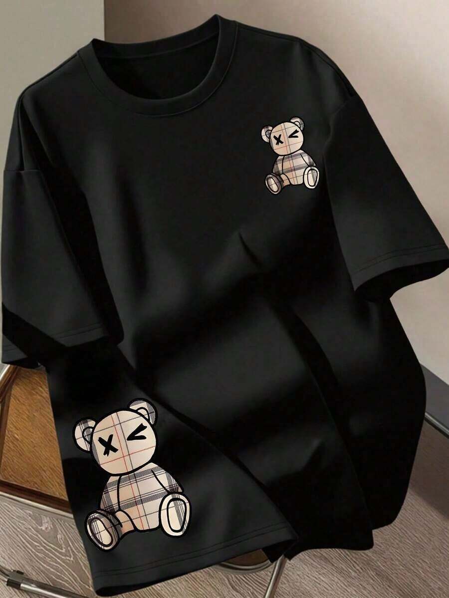 Camiseta de mujer casual de manga corta con cuello redondo y estampado de oso de dibujos animados - Negro 3 - Ver 1