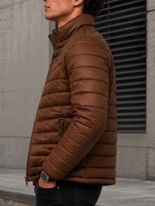 Men's HPC Polo Fleece Puffer Jacket, Warm, Casual, Basic, No Hood, Youthful And Modern Style, Ideal For Winter Or Cold Weather - 棕色 - 查看 3