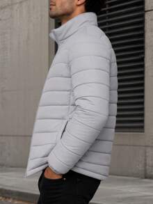 Men's HPC Polo Fleece Puffer Jacket, Warm, Casual, Basic, No Hood, Youthful And Modern Style, Ideal For Winter Or Cold Weather - 淺灰色 - 查看 3