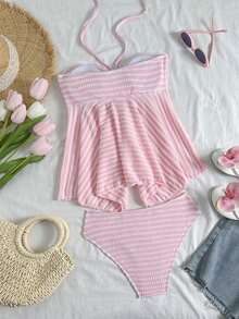 Swim Mod Conjunto de ropa de playa para mujer, de tela texturizada a rayas en color rosa claro, con diseño sin tirantes de tirantes finos, cordón delantero, elegante y casual, y dulce, para resort. Conjunto de ropa de baño de mujer, top de tirantes tipo camiseta y bikini. - Rosa Pálido - Ver 4
