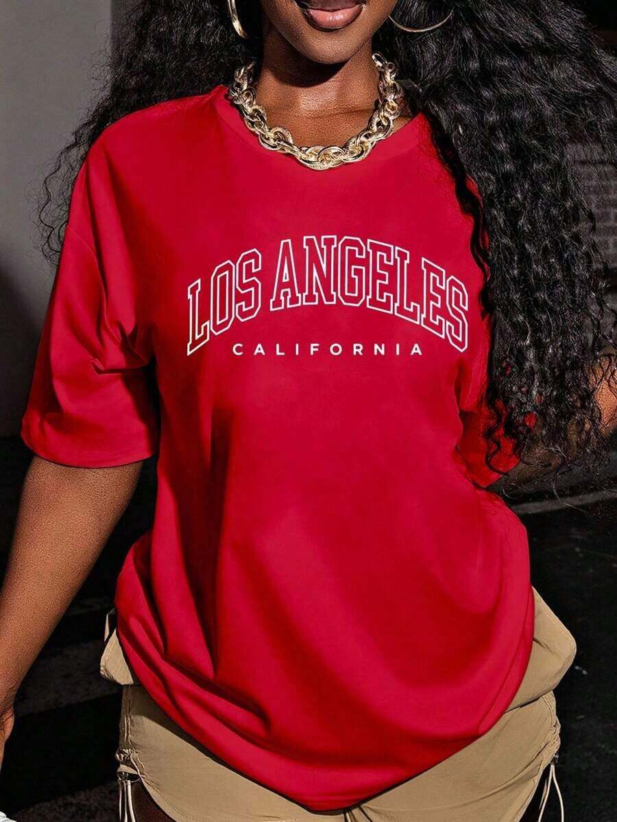 Niche Design. Women's T-Shirt Inspired By Los Angeles, California, Loose Fit, Crew Neck, Casual, With Graphic Letter Print, 100% Cotton - 紅色 - 查看 1