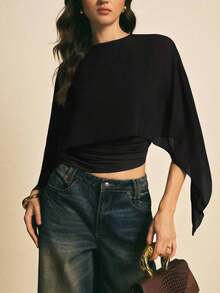 Blusa elegante de mujer con cuello de chal de unicolor - Negro - Ver 3