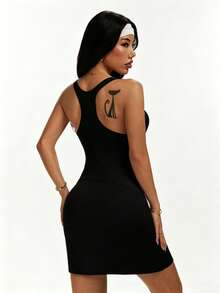 Tender Angel Minimalist Solid Color Sports Dress With Removable Cups, Suitable For Daily Outings, Fitness, Running, Tennis, Anti-Exposure, Ideal For Daily Light Sports Wear - Black - View 3