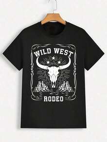 Playera masculina de algodón% con estampado gráfico estilo oeste salvaje rodeo, diseño de calavera de toro y paisaje desértico, casual y cómoda para verano 6IQS - Negro - Ver 1