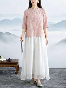 LUCIDVUE 2 pièces/Set Tenue Hanfu modifiée pour femmes Printemps/Été Costume Tang Top en lin Blouse rose Pantalon large en mousseline Jupe Tenue de yoga Élégante - Rose bonbon - Voir 14