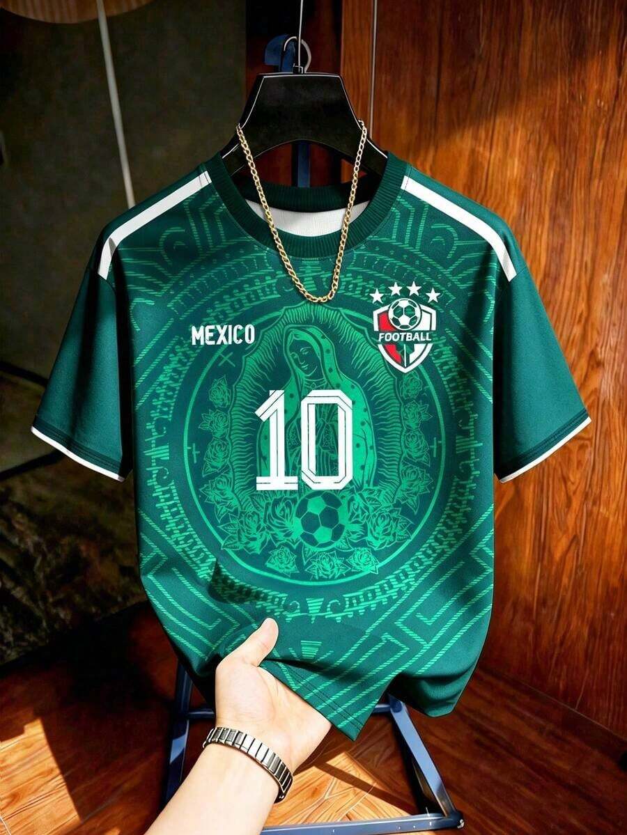 Aesthetic Post Camiseta de fútbol con patrón retro totem, mexicano, maya, de manga corta, versión del jugador#9 - Multicolor 14 - Ver 1