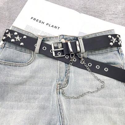 Bộ 3 chiếc thắt lưng da đen đính đinh tán hình ngôi sao phong cách Punk, thiết kế độc đáo.