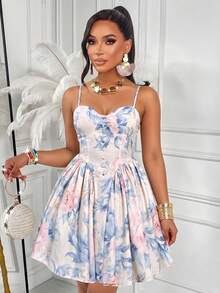 AIJ Amarilo Women's Elegant Sexy Party Fitted Mini Dress, With Non-Slip Striped, Ruched Button Ruched Design Spaghetti Strap Sleeveless, Suitable For Beach Vacation, Summer Outing And Daily Wear - Pink and Blue Flowers - View 7
