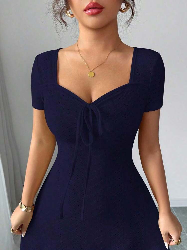 Nuevo vestido mini de verano de ajuste ceñido con nudo delantero, de punto jacquard de crema de mantequilla sexy para mujeres - Azul marino - Añade 2