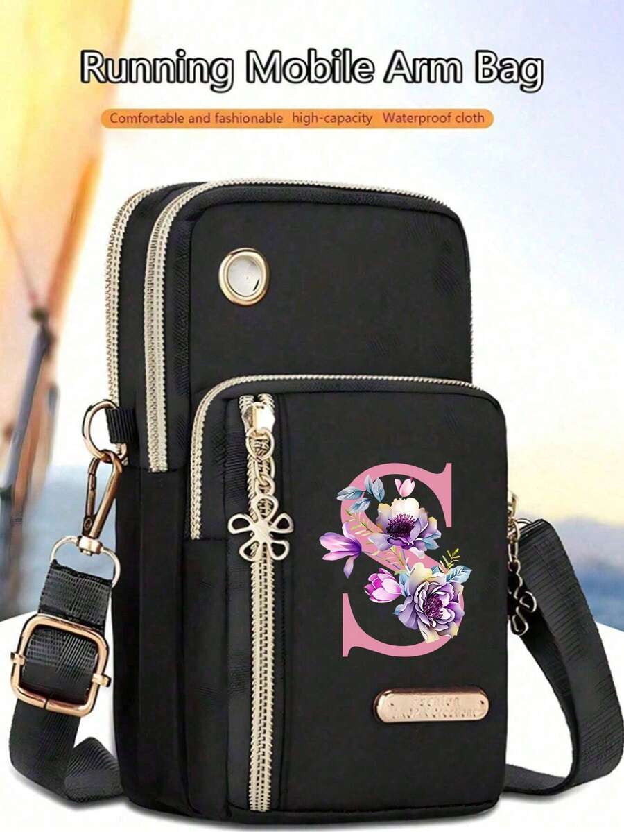 紫色花卉字母印花拉鍊手機錢包附信用卡插槽，時尚休閒肩背包花卉26字母印花尼龍布料字母印花迷你戶外運動手提包可調節可拆卸肩帶，手機/身分證/零錢方格口袋，時尚方格側背包適合日常使用、旅行和上學，完美適合學生、運動、海灘、騎行、旅行等，節日、生日、學生的絕佳禮物