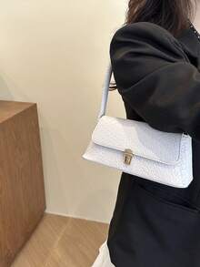 柔軟布料 PU 皮革金屬扣裝飾貝殼造型復古風女款斜挎肩背包 新款小方型手提包 - 白色 - 查看 5