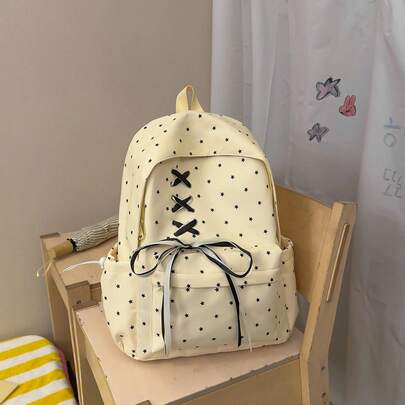 Star Pattern Backpack With Criss-Cross Straps & Contrast Bow, Large Capacity Student Bag To Reduce Burden