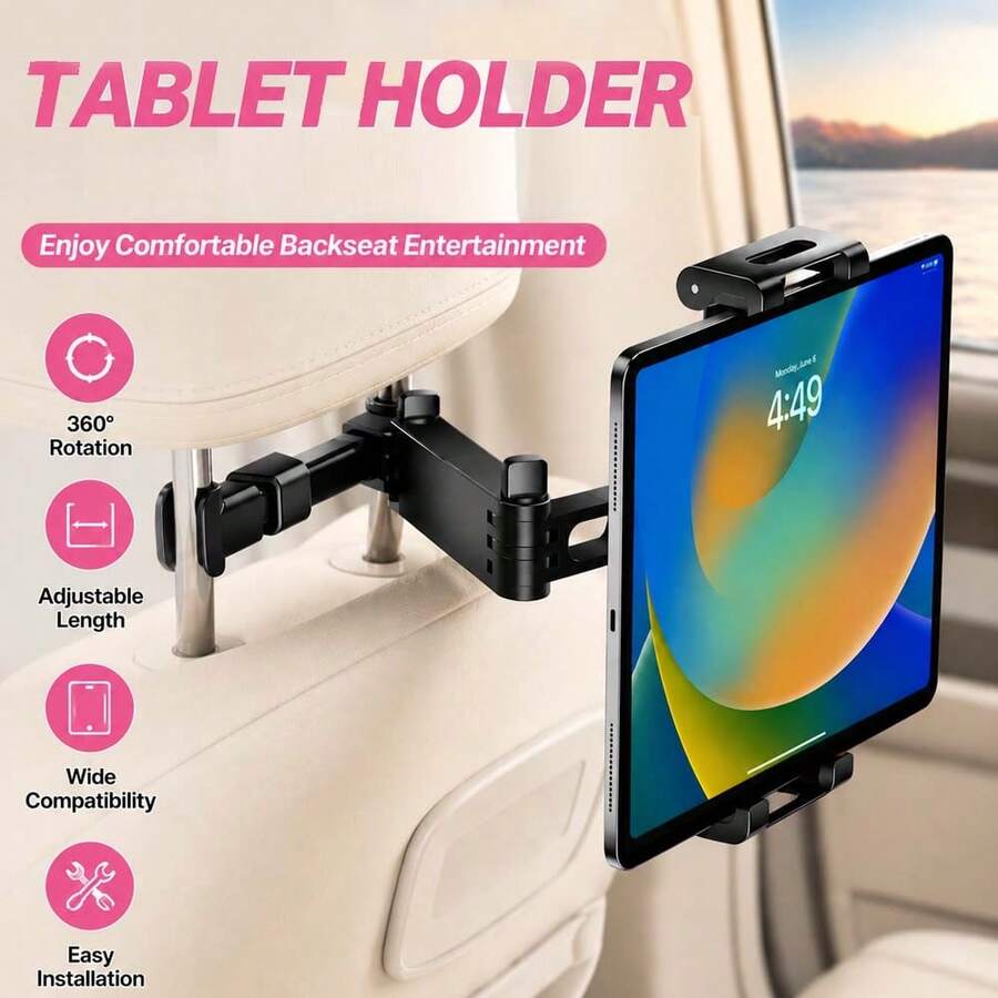 Giá đỡ điện thoại/máy tính bảng gắn trên tựa đầu ghế sau ô tô, xoay 360°, tương thích với tất cả máy tính bảng và điện thoại di động từ 4"-11".
