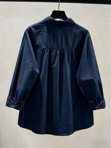 Versatile Women's Long-Sleeved Solid-Color Shirt With Embroidery, For Spring - Navy Blue - View 2