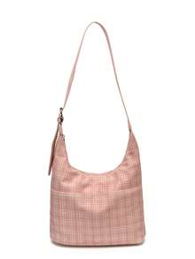 1pc Women's Contrast Plaid PU Shoulder Crossbody Bag, Large Capacity Crescent Shaped Handbag, Suitable For Commuting, Shopping, Gift - Pink - View 7