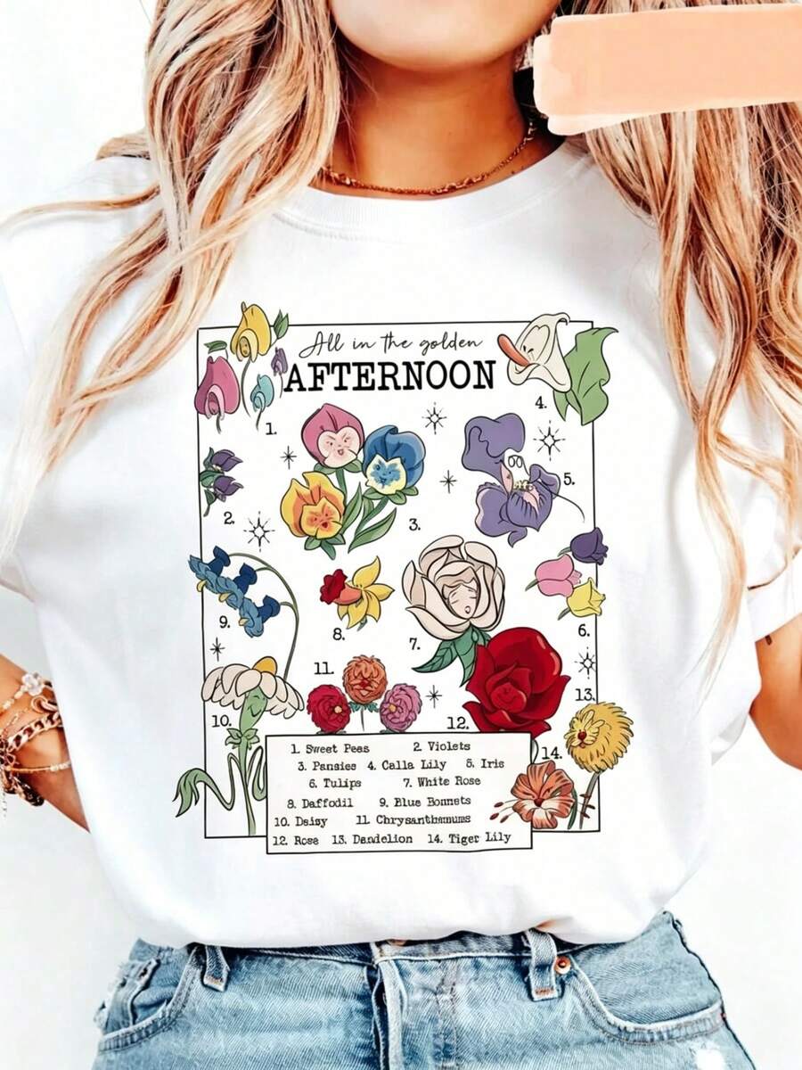 Women's Vintage Alice In Wonderland T-Shirt - Casual Short Sleeve Crew Neck, Durable Print, Machine Washable, Ideal For Travel, Picnics, Beach And Parties - 白色 - 查看 1
