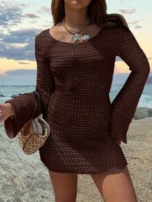 Women's Solid Color Sexy Hollow-Out Backless Sheer Beach Vacation Knit Long Sleeve Cover-Up Mini Dress, Spring/Summer, Resort Wear - Chocolate Brown - View 6