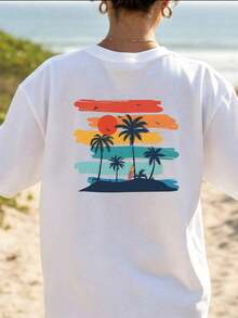 Casual White Cotton T-Shirt With Back Graphic, Matching For Couples, Soft And Comfortable For Beach And Outdoor Activities, Available In Sizes S To -Tee - White - View 6