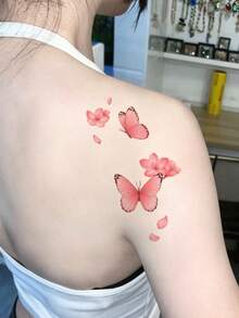 1pc Delicate Pink Butterfly Cherry Blossom Petals Floral Aesthetic Temporary Tattoo, A Temporary Tattoo With Realistic Tattoo Design Resembling A Butterfly And Cherry Blossom Petals, Suitable For Travel, Music Festivals, Games, Graduation Gifts, And Lasting For 3-5 Days. - Multicolor - View 3
