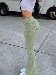 GILIPUR Pantalones vaqueros acampanados de talle alto con estilo Y2K, pantalones casuales elegantes de unicolor y elásticos para mujeres, moda callejera de mezclilla marrón para primavera - Verde - Ver 8