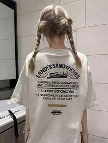 レディース カジュアル ラウンドネック ルーズフィット レター&カートゥーン フード プリント 半袖Tシャツ、和風、春夏 - ライトグレー 2 - チェックする 2