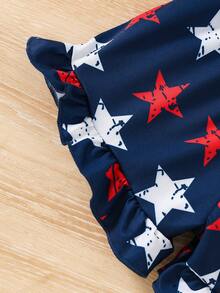 2pcs/Set Girls' Cute Sweet Bowknot Decor Star Print Camisole Top & Ruffle Hem Shorts Set - Dark Wash - View 6