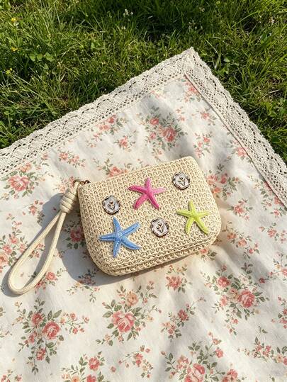 Bohemian Starfish & Shell Decor Woven Straw Wristlet Pouch, Mini Crochet Raffia Coin Purse With Zipper, Summer Beach Themed Wristlet Bag For Women, Portable Straw Clutch For Keys, Cards, Coins & Small Essentials, Ideal For Beach Trips, Vacations, Pool & Daily Use, Suitable For Women, Girls & Ocean Lovers, Perfect For Summer Holiday, Birthday & Bridesmaid Gifts, Versatile As Coin Purse, Wristlet Bag, Beach Pouch & Travel Organizer