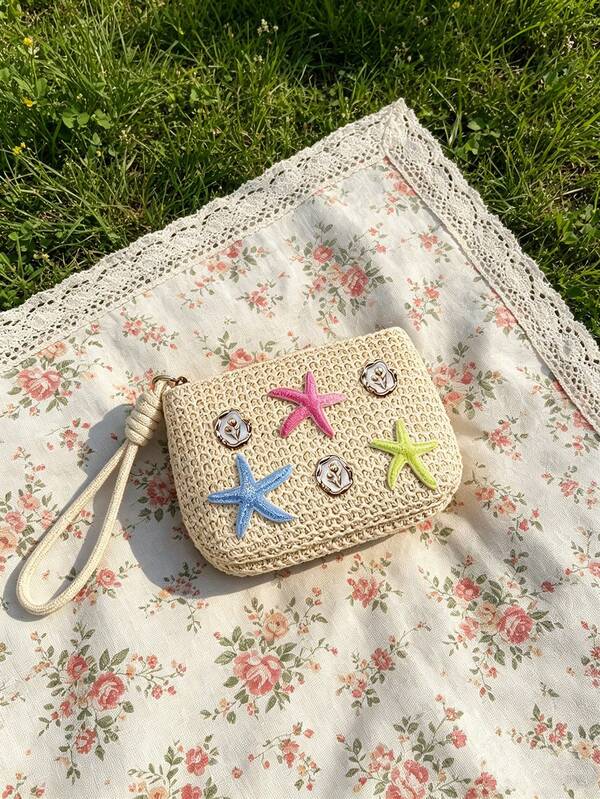Bohemian Starfish & Shell Decor Woven Straw Wristlet Pouch, Mini Crochet Raffia Coin Purse With Zipper, Summer Beach Themed Wristlet Bag For Women, Portable Straw Clutch For Keys, Cards, Coins & Small Essentials, Ideal For Beach Trips, Vacations, Pool & Daily Use, Suitable For Women, Girls & Ocean Lovers, Perfect For Summer Holiday, Birthday & Bridesmaid Gifts, Versatile As Coin Purse, Wristlet Bag, Beach Pouch & Travel Organizer