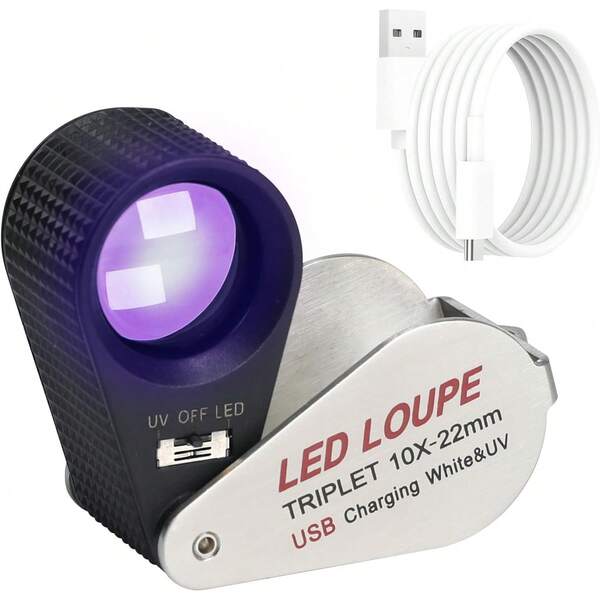 Illuminated Jewelers Loupe Magnifier 10x, Rechargeable Jewelers Loupe Foldable Jewelry Magnifier LED Loupe Triplet With 6 LEDs & Light Gems, Jewelry, Coins, Stamps, Etc