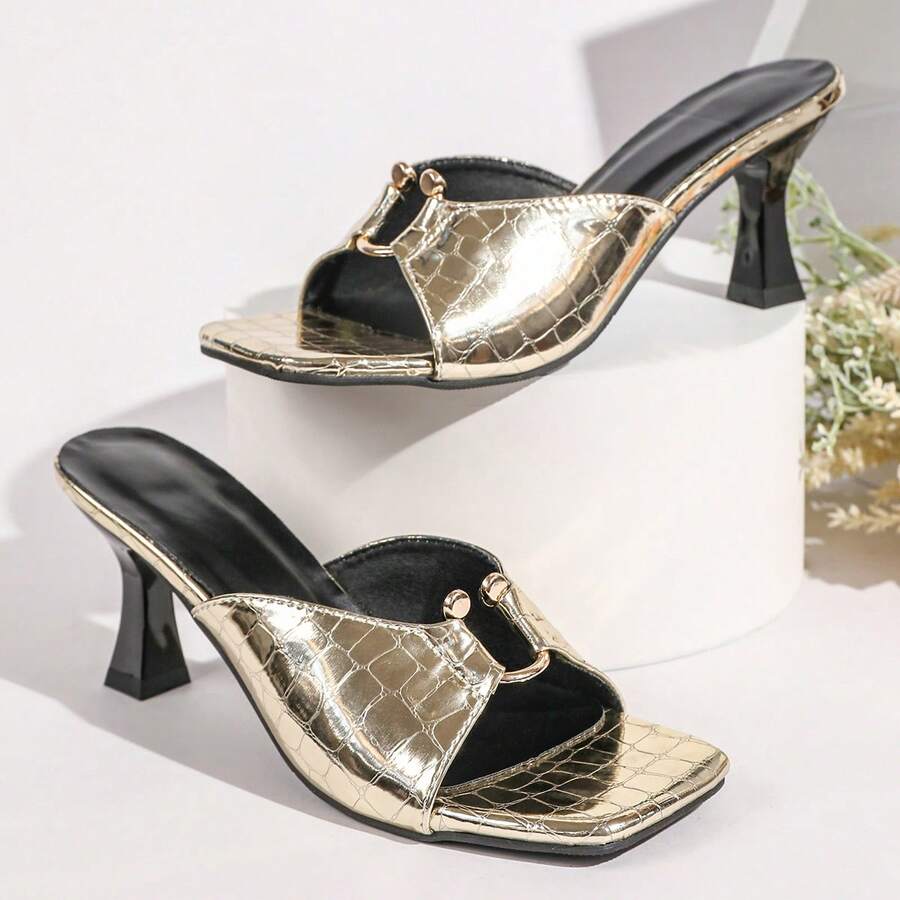 2026 Summer New Arrival European Fashion Versatile Open Toe High Heel Slides, Square Toe Thin Heel Plus Size Women Slippers - Gold - View 1
