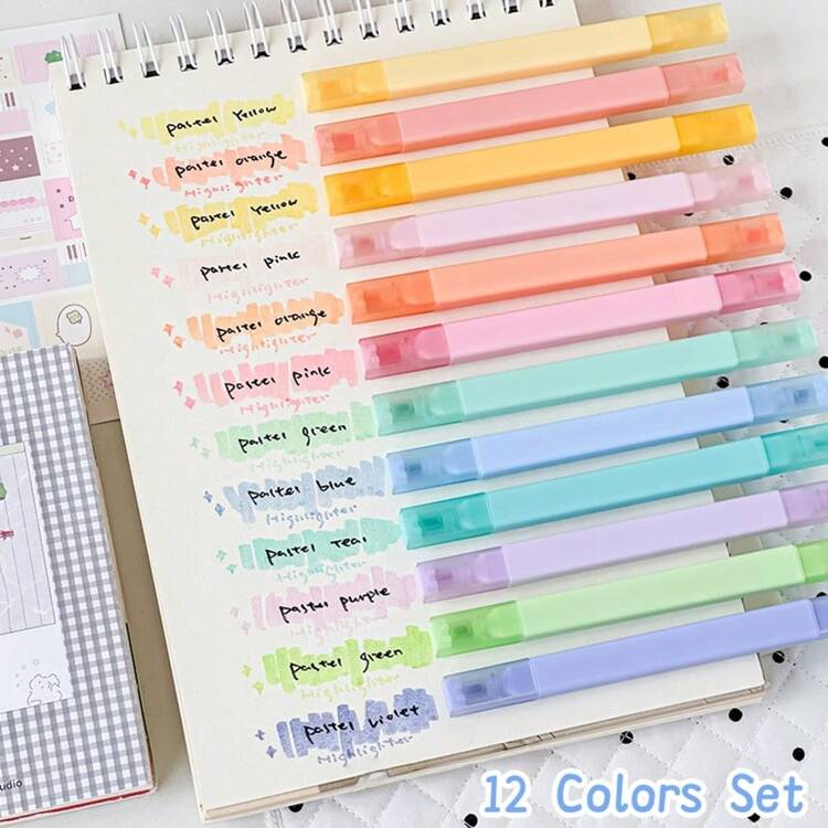6pcs Dual Tip Highlighter Pens Set, Macaron Pastel Colors Chisel Tip Highlight Pen, Quick Dry Soft Brush For Student Drawing Painting Back To School Gift, Office Stationery Supplies - Dual-side Writing - View 11