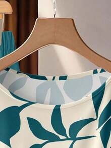 Clasi Conjunto de 2 piezas de blusa de manga corta con cuello redondo cómoda y holgada con lazo, y pantalones rectos, con estampado floral en color albaricoque y verde, de estilo vintage elegante y versátil, adecuado para otoño/invierno - Multicolor 6 - Ver 11