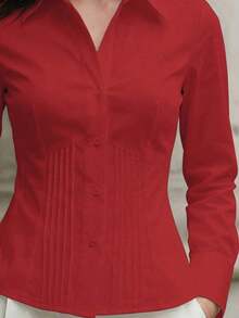 1 pieza Camisa de manga larga de ajuste delgado, elegante y casual con botones de un solo color, adecuada para la oficina, el hogar, el uso diario y las citas, todo el año, color blanco primaveral - Rojo - Ver 4