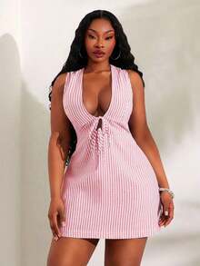 Vestido casual de con cintura anudada y lunares para mujer talla - Rosa - Ver 12